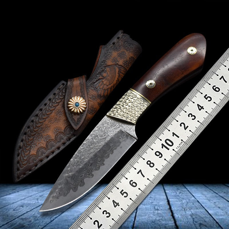 Compact Damascus Steel Straight Edge Camping Hunting Knife