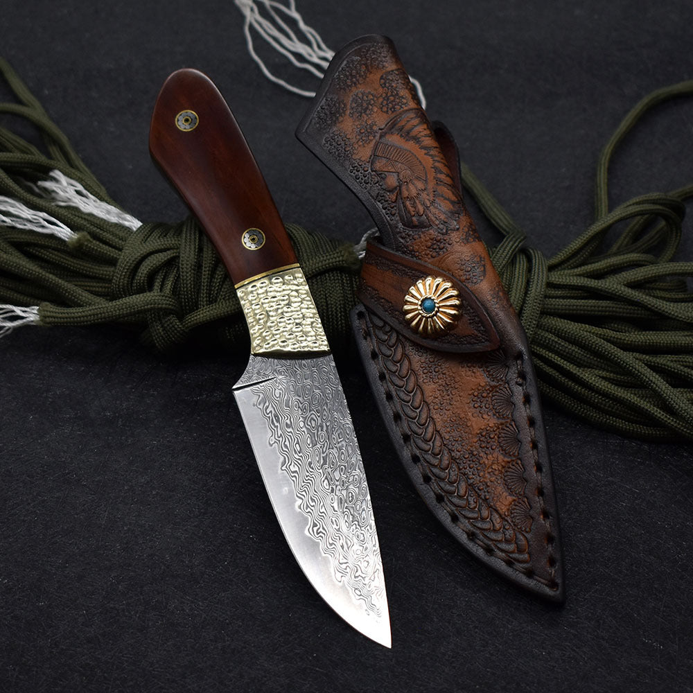 Compact Damascus Steel Straight Edge Camping Hunting Knife