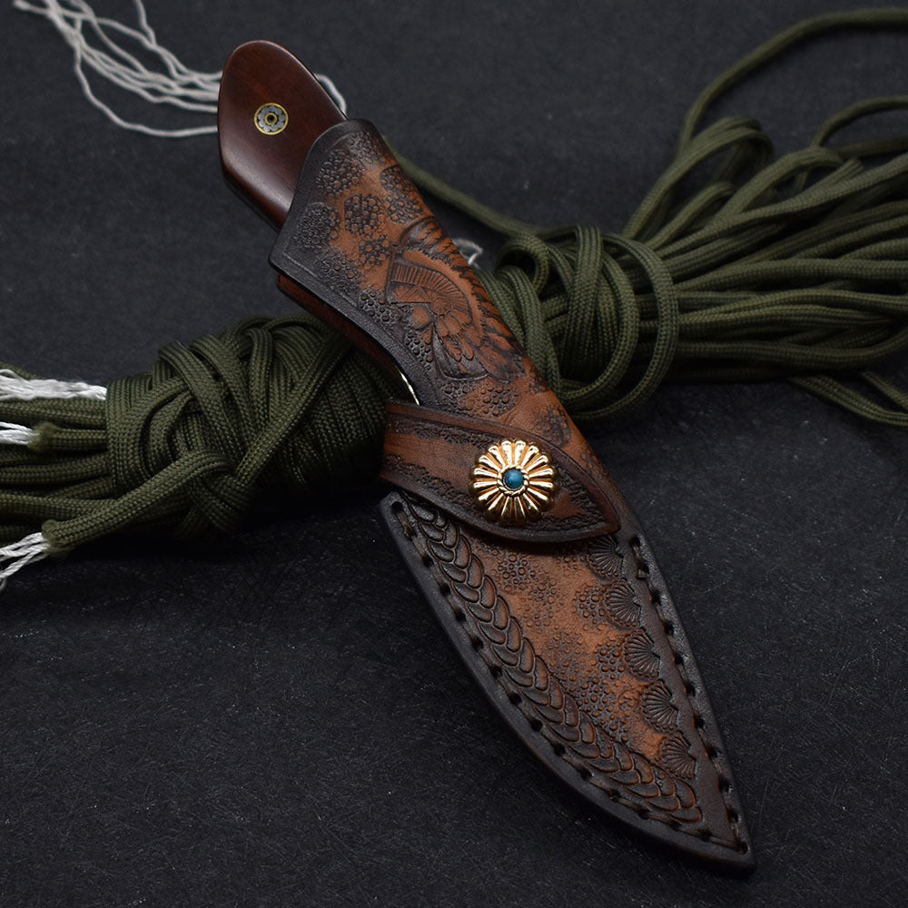 Compact Damascus Steel Straight Edge Camping Hunting Knife
