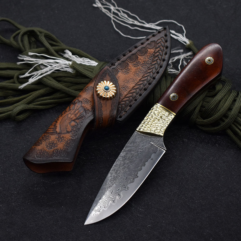 Compact Damascus Steel Straight Edge Camping Hunting Knife