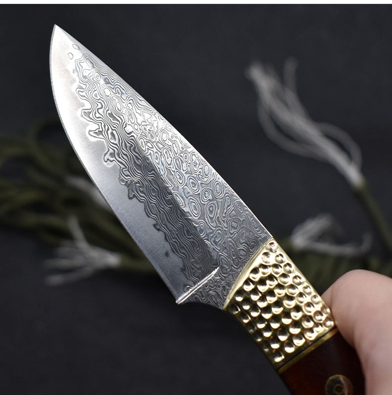 Compact Damascus Steel Straight Edge Camping Hunting Knife